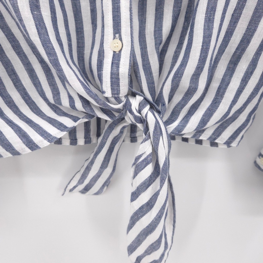 J.Crew Striped Linen Tie Front Shirt Womens 10 Blue White Long Sleeve Button Up - Picture 6 of 11